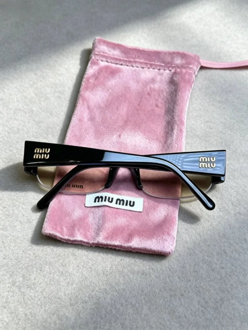 Miu Miu Black Logo Sunglasses with Pink Velvet Pouch